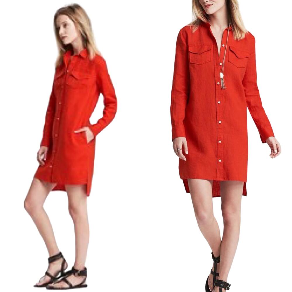 BANANA REPUBLIC Alexi Linen Shirt Dress Button Front Collared Red Orange Size 8